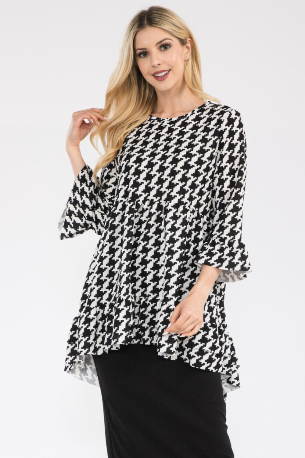 Celeste Full Size Houndstooth Flounce Sleeve High-Low Top - Black / S - TOPS - Mixed