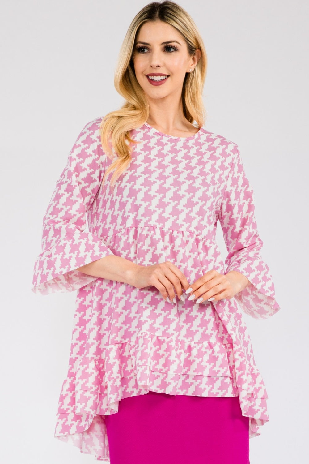 Celeste Full Size Houndstooth Flounce Sleeve High-Low Top - Pink / S - TOPS - Mixed