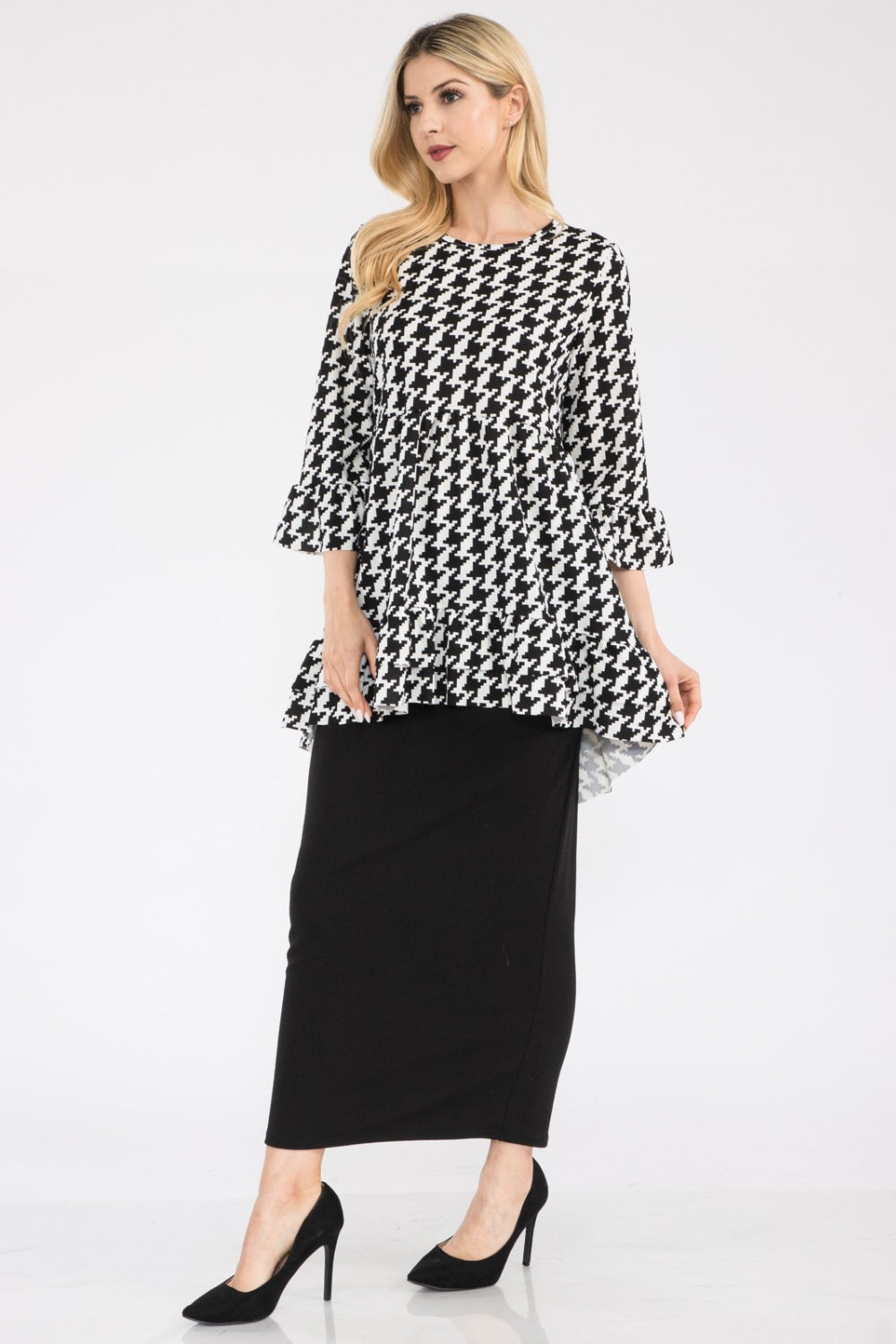 Celeste Full Size Houndstooth Flounce Sleeve High-Low Top - TOPS - Mixed