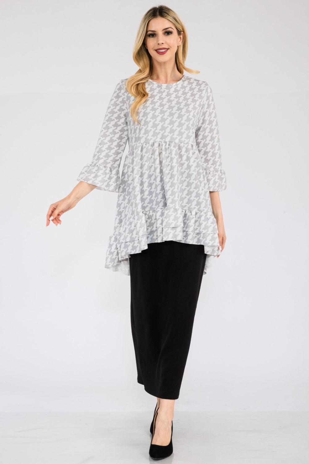 Celeste Full Size Houndstooth Flounce Sleeve High-Low Top - TOPS - Mixed