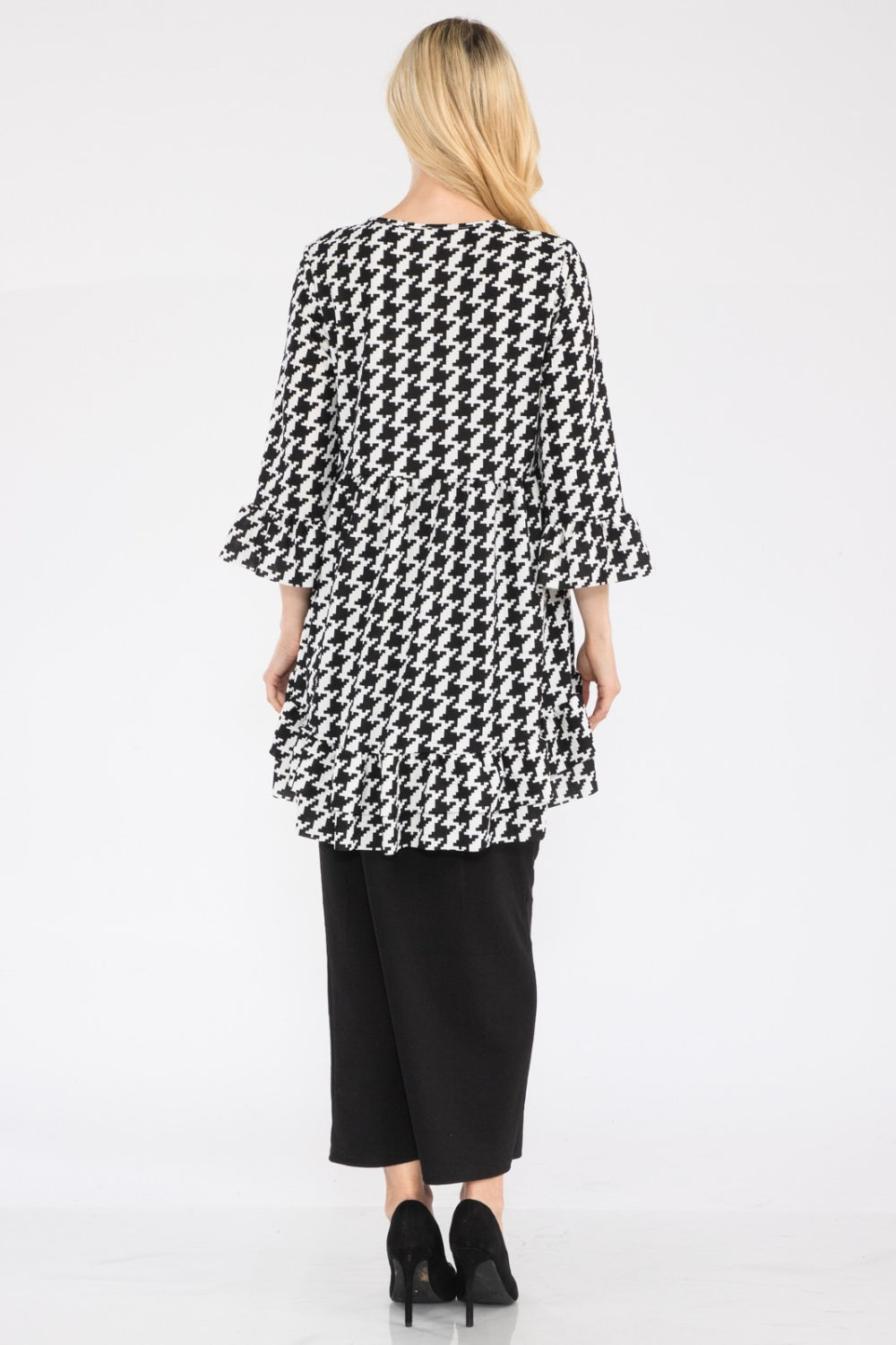 Celeste Full Size Houndstooth Flounce Sleeve High-Low Top - TOPS - Mixed