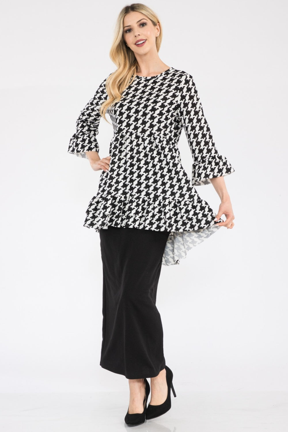 Celeste Full Size Houndstooth Flounce Sleeve High-Low Top - TOPS - Mixed