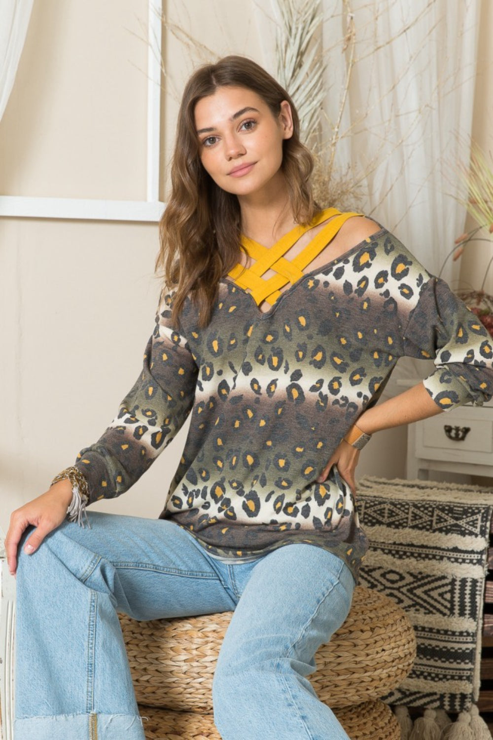 Celeste Full Size Leopard Long Sleeve T-Shirt with Braided Strap - TOPS - Mixed