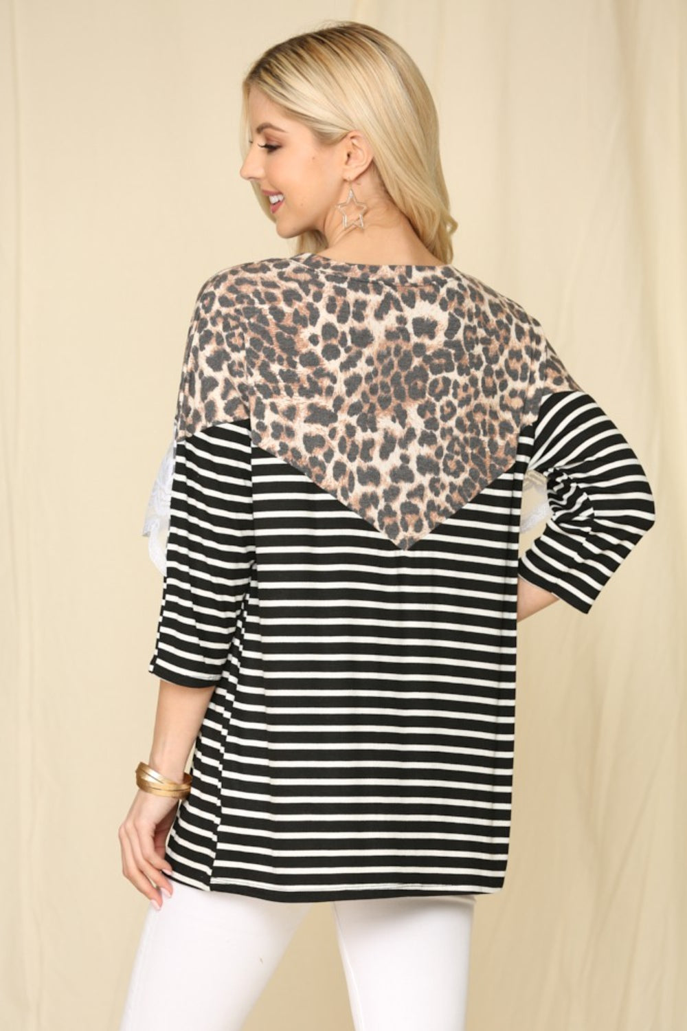 Celeste Full Size Leopard Spliced Stripe T-Shirt with Lace Detail - TOPS - Leopard print