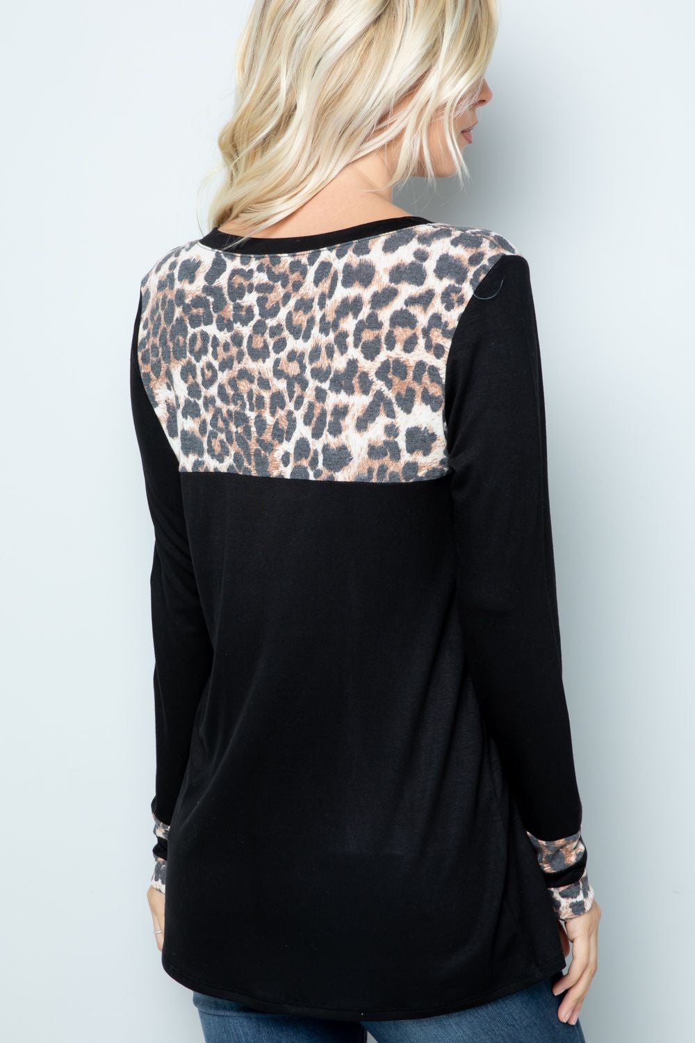 Celeste Full Size Long Sleeve Leopard Spliced T-Shirt - TOPS - Black