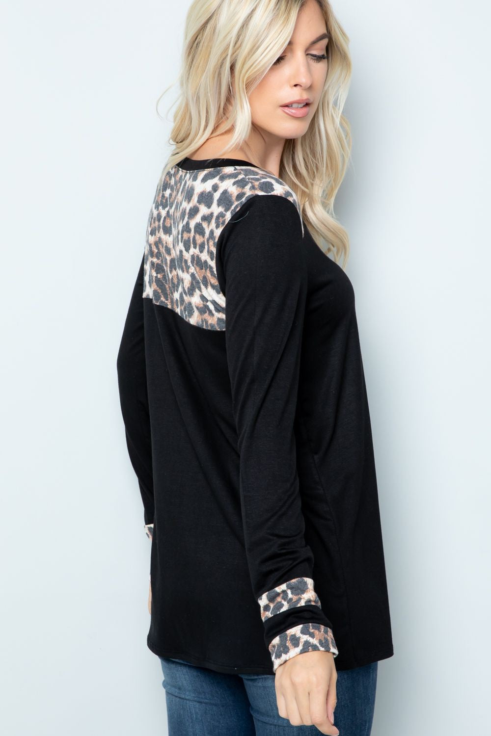 Celeste Full Size Long Sleeve Leopard Spliced T-Shirt - TOPS - Black