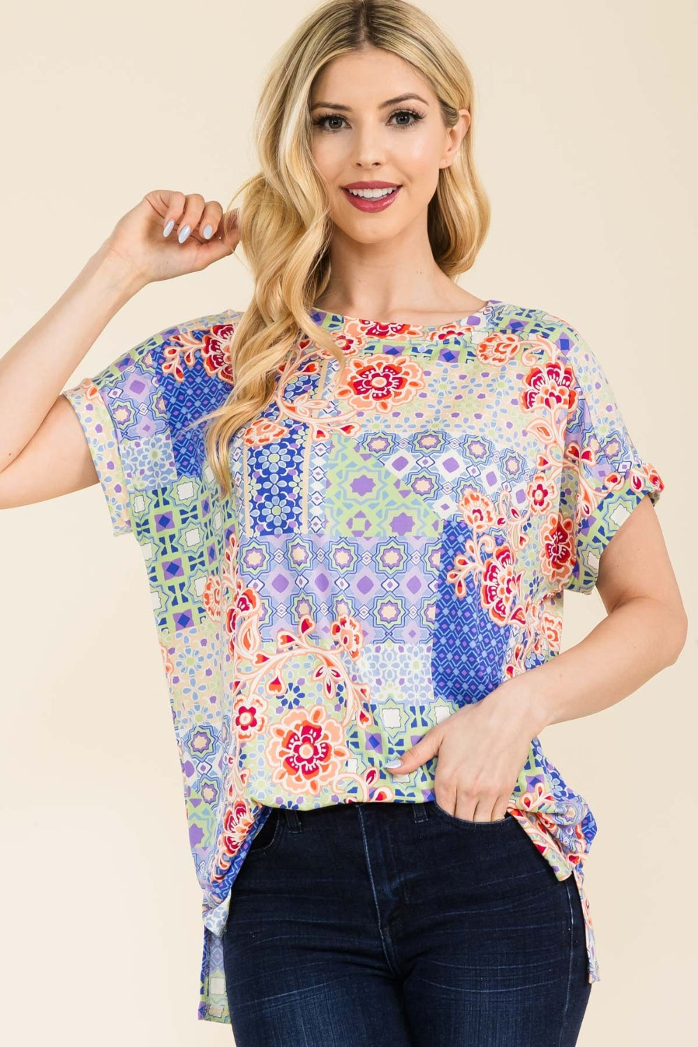 Celeste Full Size Round Neck Short Sleeve Floral T-Shirt - Blue Lavender / S - TOPS - Multi