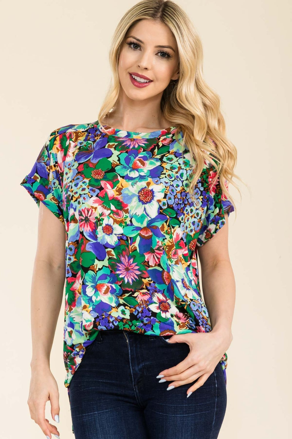 Celeste Full Size Round Neck Short Sleeve Floral T-Shirt - TOPS - Multi