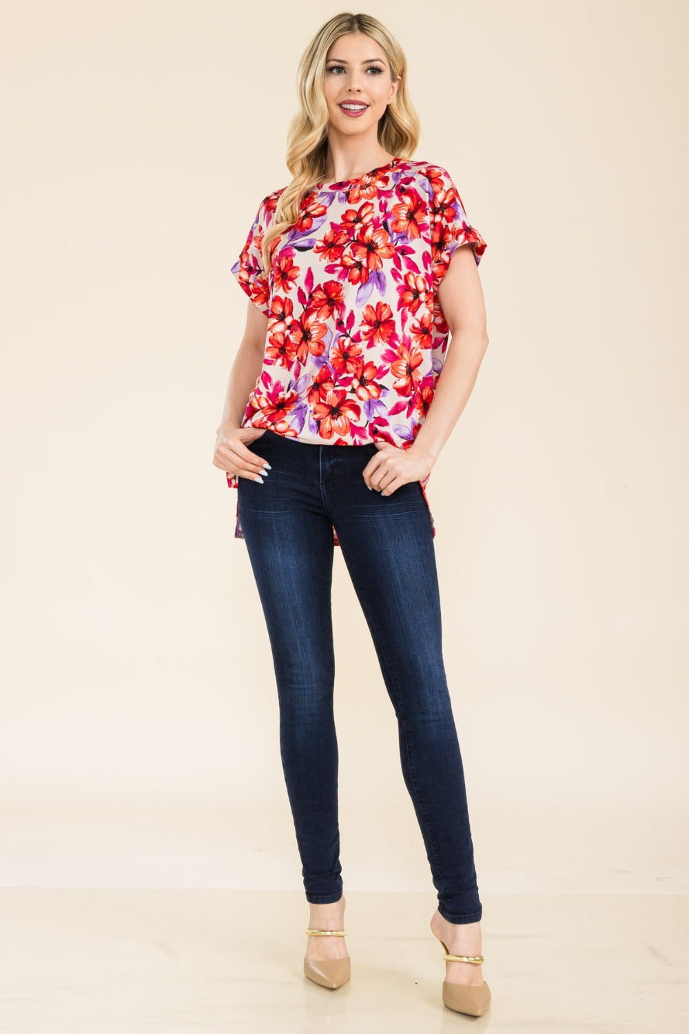 Celeste Full Size Round Neck Short Sleeve Floral T-Shirt - TOPS - Multi