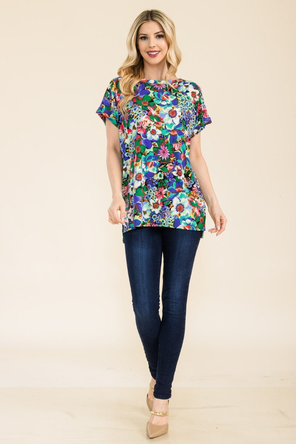 Celeste Full Size Round Neck Short Sleeve Floral T-Shirt - TOPS - Multi