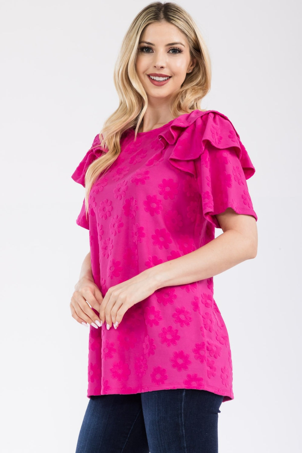 Celeste Full Size Ruffle Layered Short Sleeve Daisy Floral Top - Fuchsia / S - TOPS - Mixed