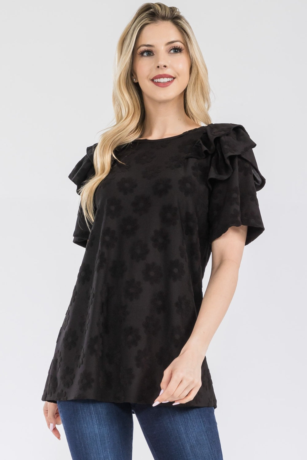 Celeste Full Size Ruffle Layered Short Sleeve Daisy Floral Top - Black / S - TOPS - Mixed