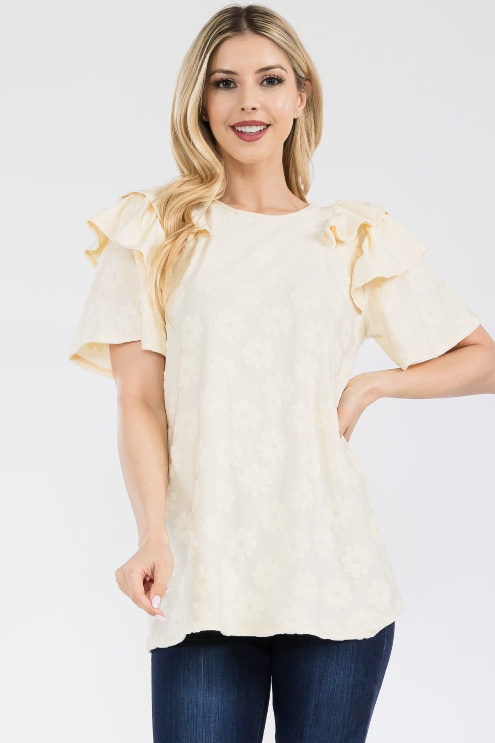 Celeste Full Size Ruffle Layered Short Sleeve Daisy Floral Top - Cream / S - TOPS - Mixed