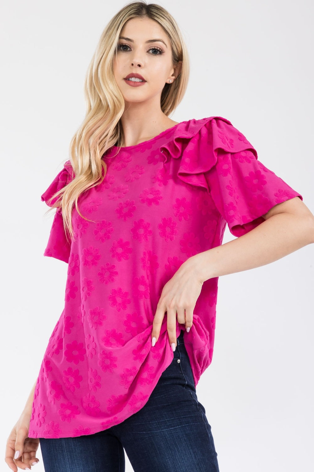 Celeste Full Size Ruffle Layered Short Sleeve Daisy Floral Top - TOPS - Mixed