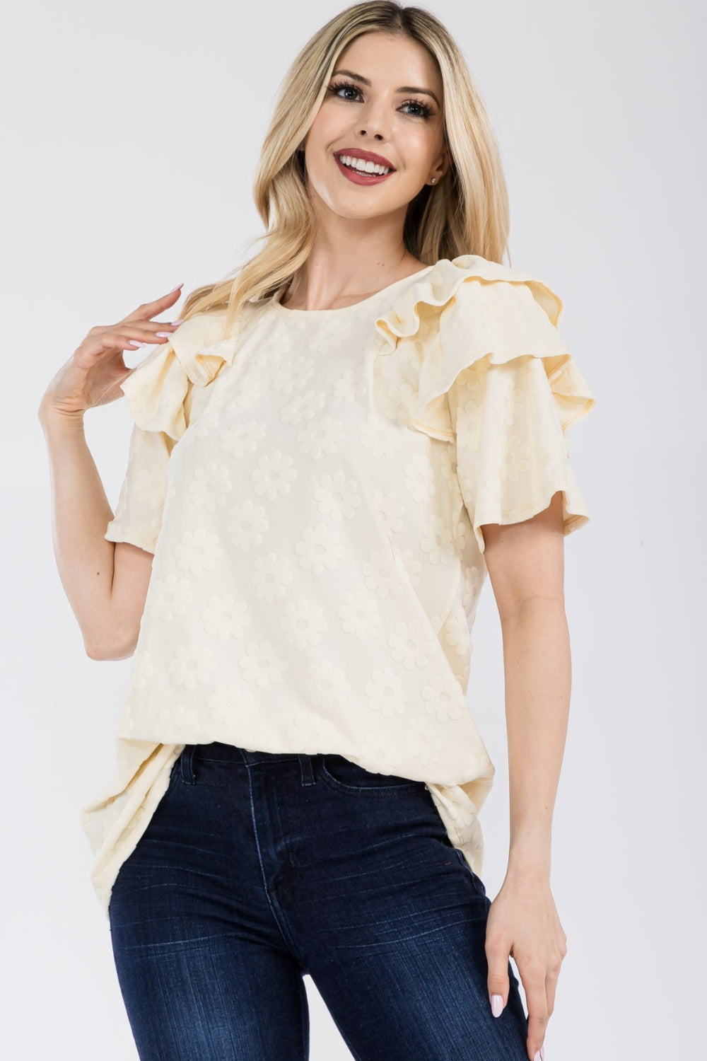 Celeste Full Size Ruffle Layered Short Sleeve Daisy Floral Top - TOPS - Mixed