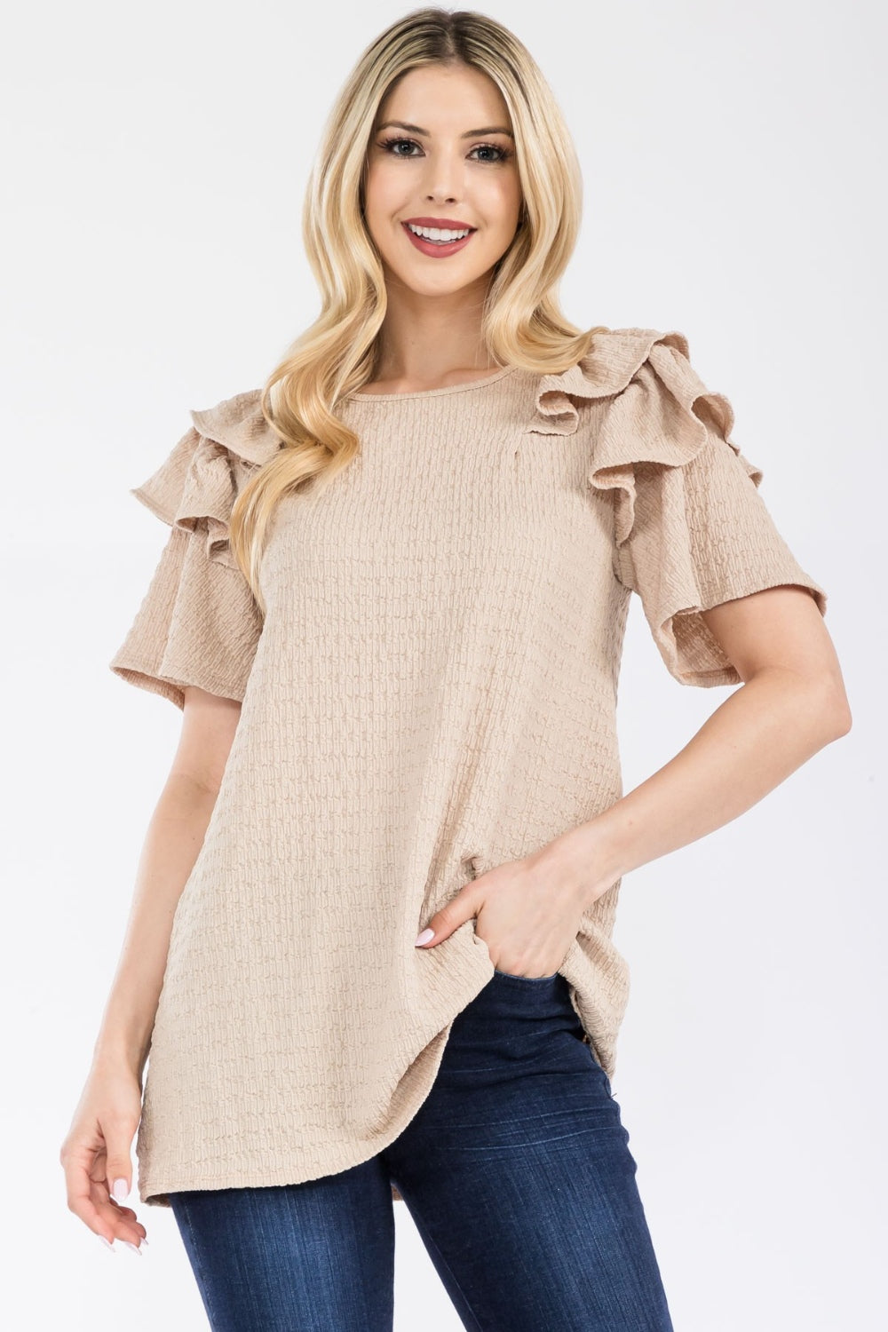 Celeste Full Size Ruffle Layered Short Sleeve Texture Top - Beige / S - TOPS - Mixed