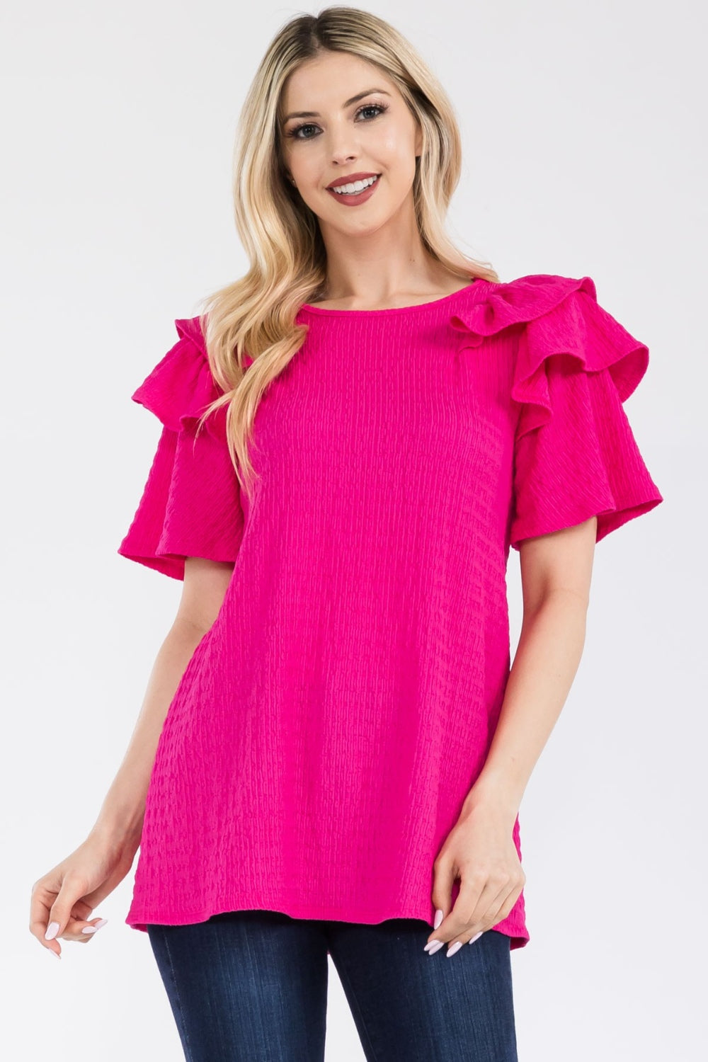 Celeste Full Size Ruffle Layered Short Sleeve Texture Top - TOPS - Mixed