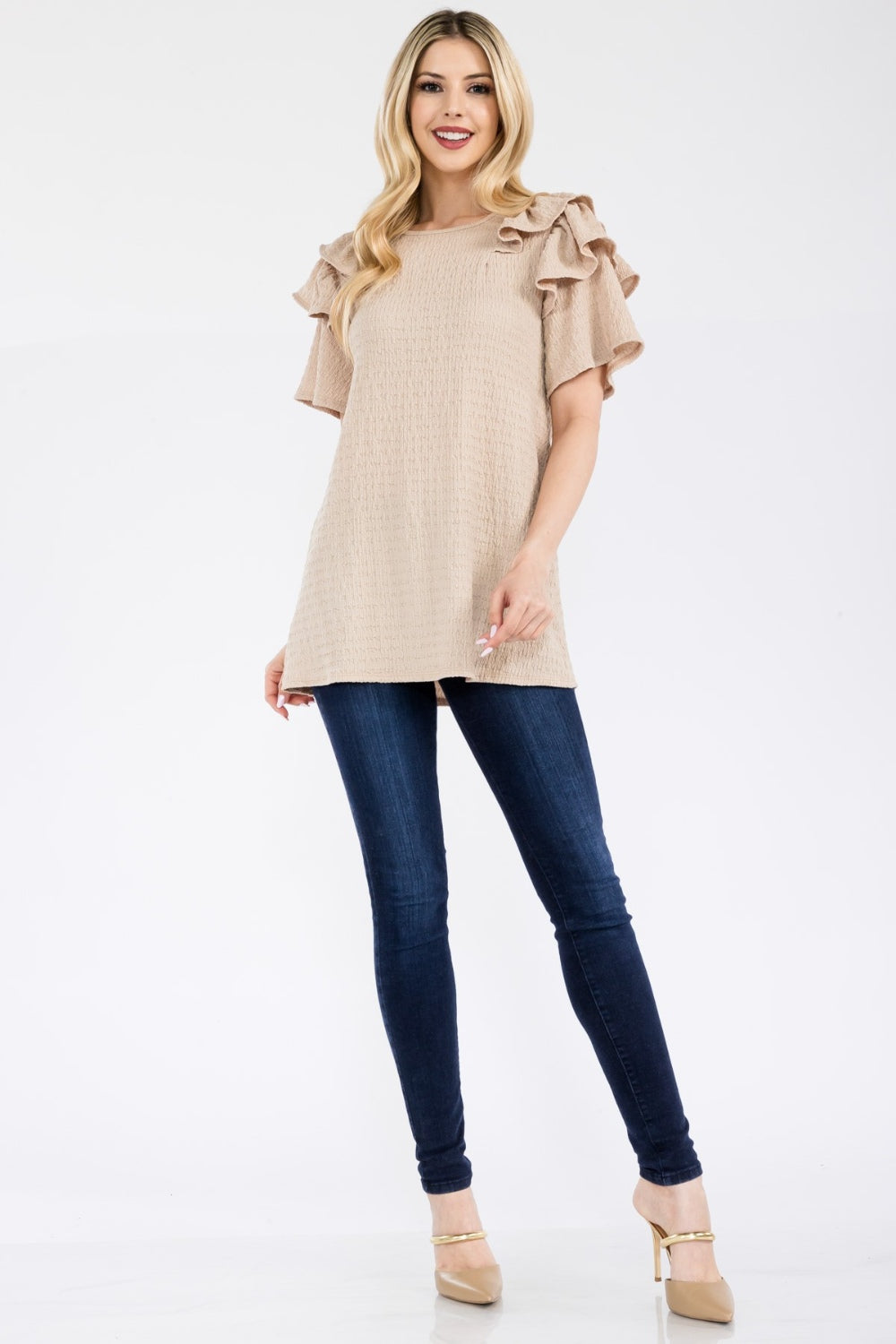 Celeste Full Size Ruffle Layered Short Sleeve Texture Top - TOPS - Mixed