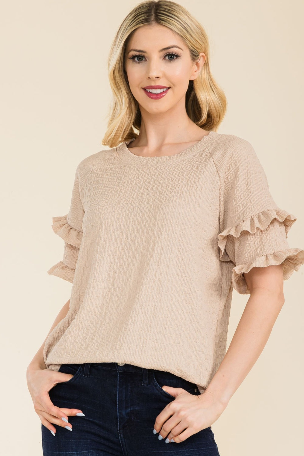 Celeste Full Size Ruffle Short Sleeve Texture Top - Beige / S - TOPS - Mixed