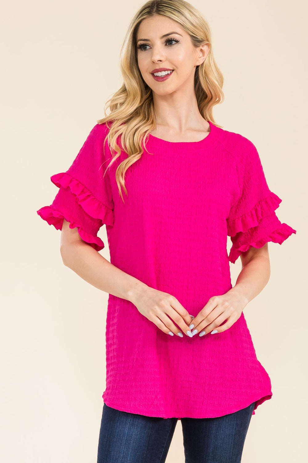 Celeste Full Size Ruffle Short Sleeve Texture Top - Fuchsia / S - TOPS - Mixed