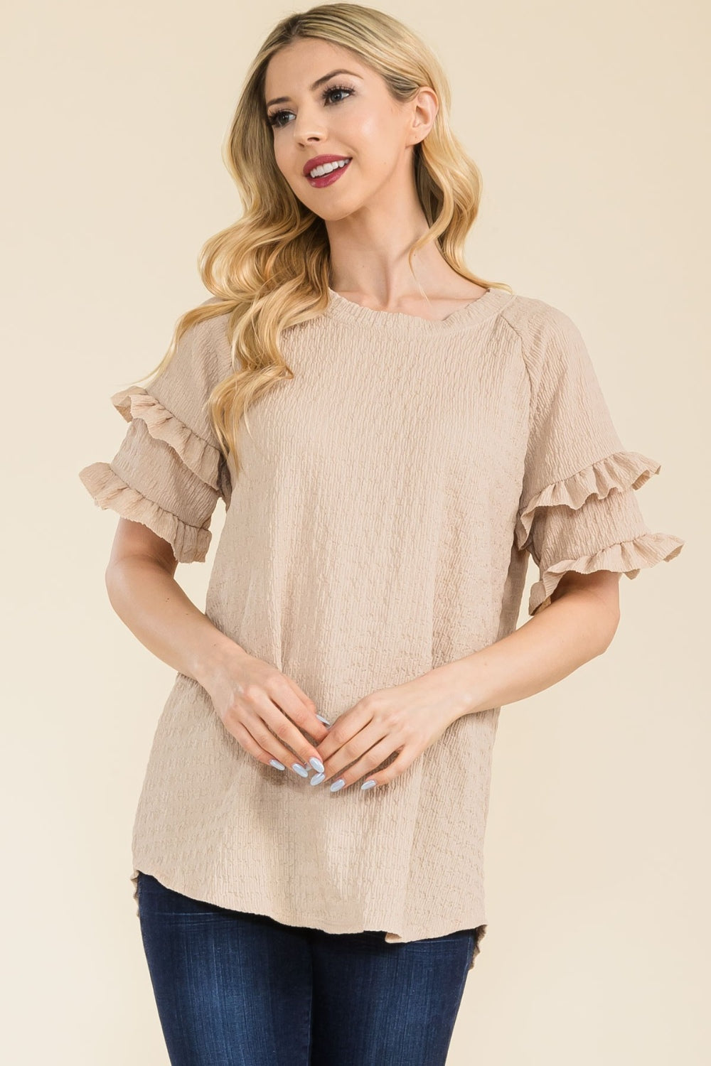 Celeste Full Size Ruffle Short Sleeve Texture Top - TOPS - Mixed