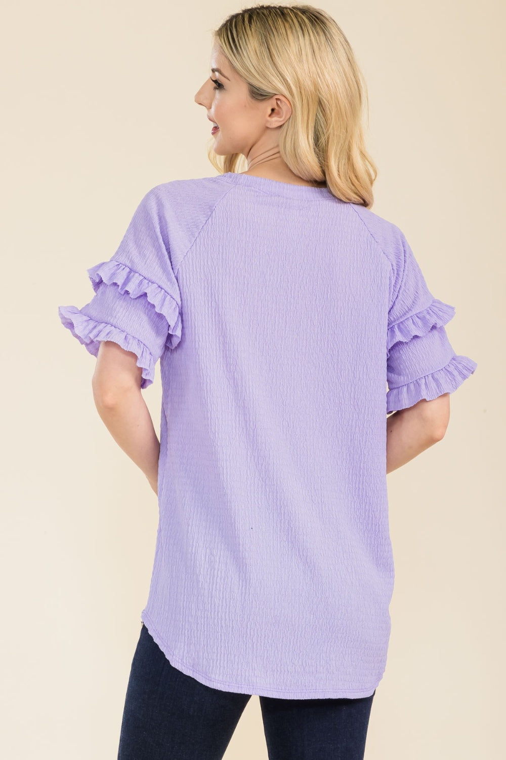 Celeste Full Size Ruffle Short Sleeve Texture Top - TOPS - Mixed