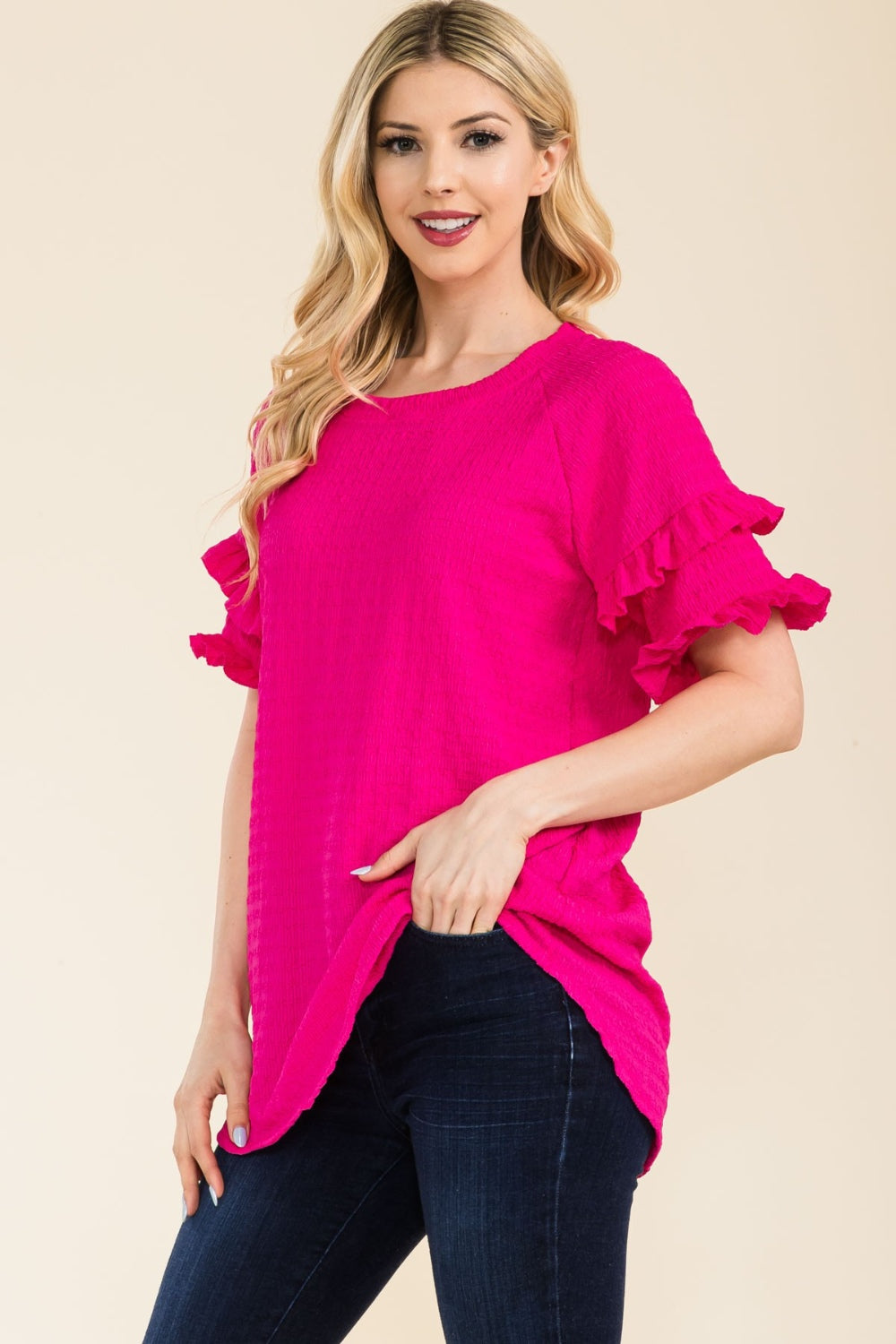 Celeste Full Size Ruffle Short Sleeve Texture Top - TOPS - Mixed