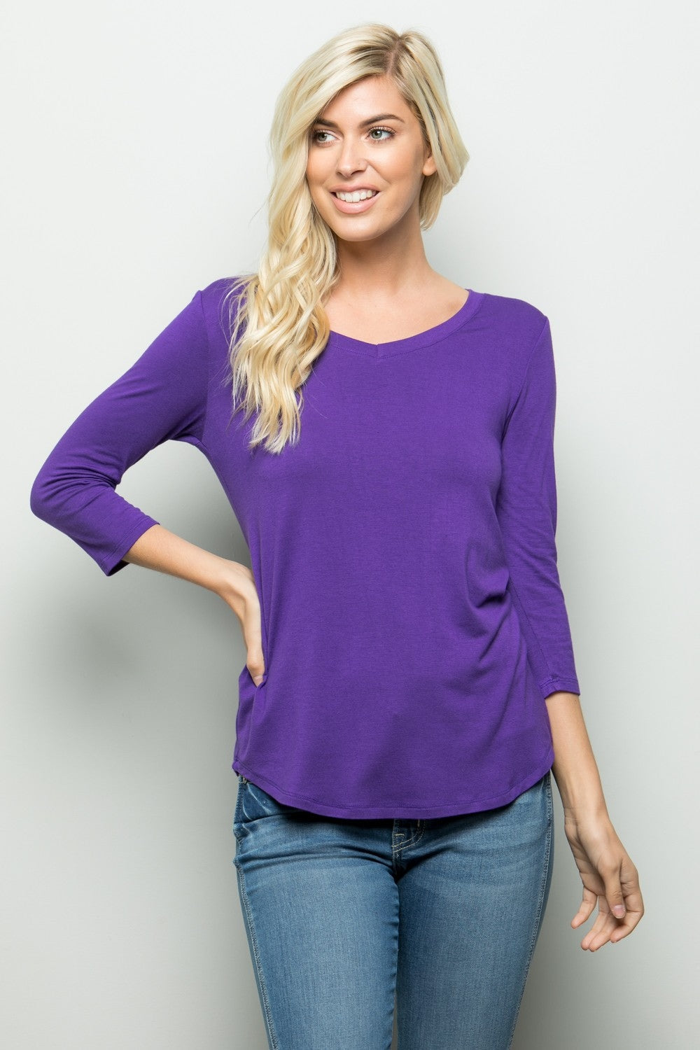 Celeste Full Size Three Quarter Sleeve V-Neck T-Shirt - Purple / S - TOPS - Mixed