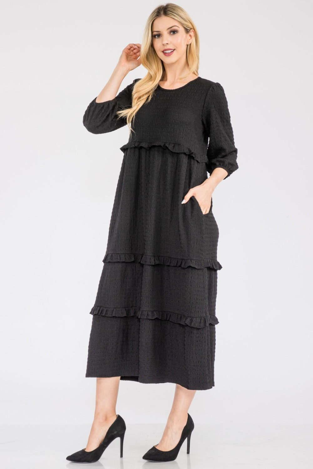 Celeste Full Size Tiered-Ruffle Midi Dress - Black / S - DRESSES - Mixed