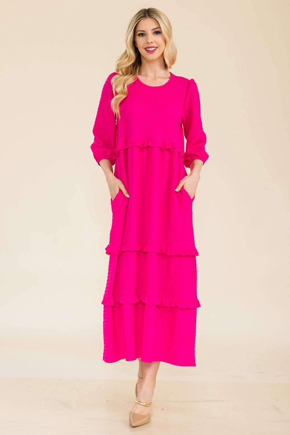 Celeste Full Size Tiered-Ruffle Midi Dress - Fuchsia / S - DRESSES - Mixed