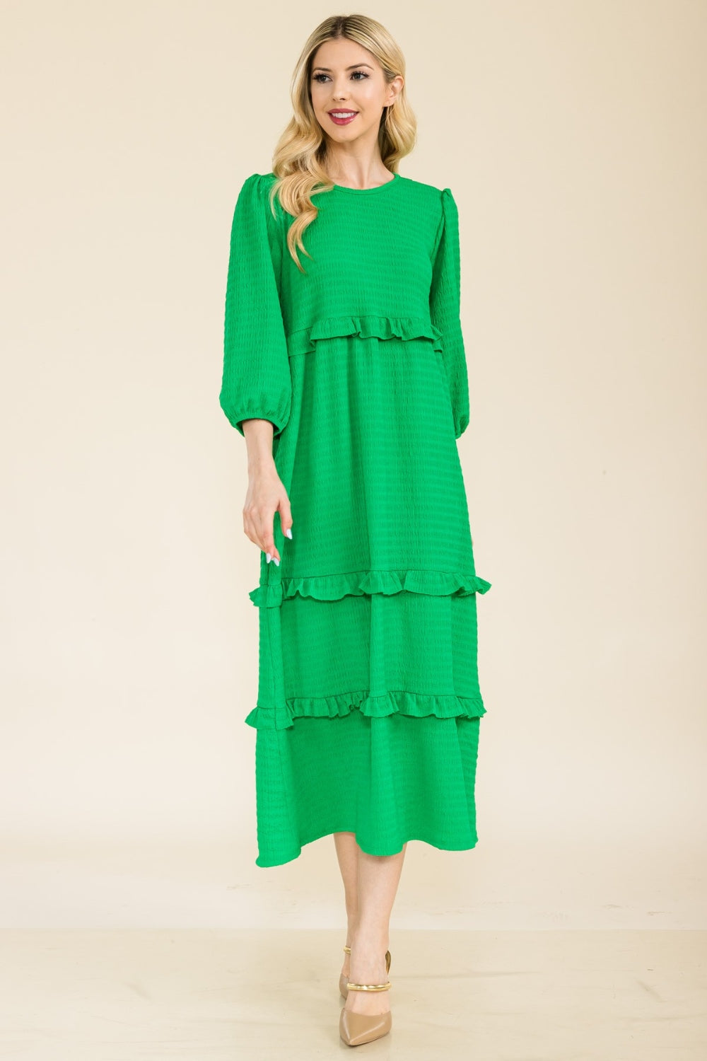 Celeste Full Size Tiered-Ruffle Midi Dress - Green / S - DRESSES - Mixed