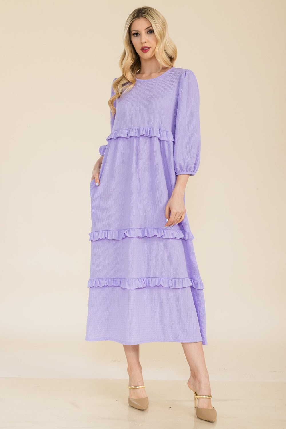 Celeste Full Size Tiered-Ruffle Midi Dress - Lilac / S - DRESSES - Mixed