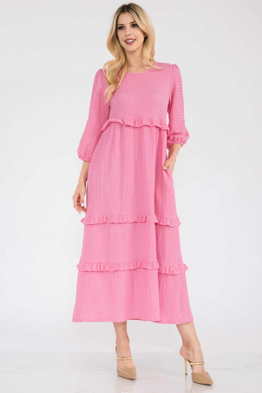 Celeste Full Size Tiered-Ruffle Midi Dress - Pink / S - DRESSES - Mixed