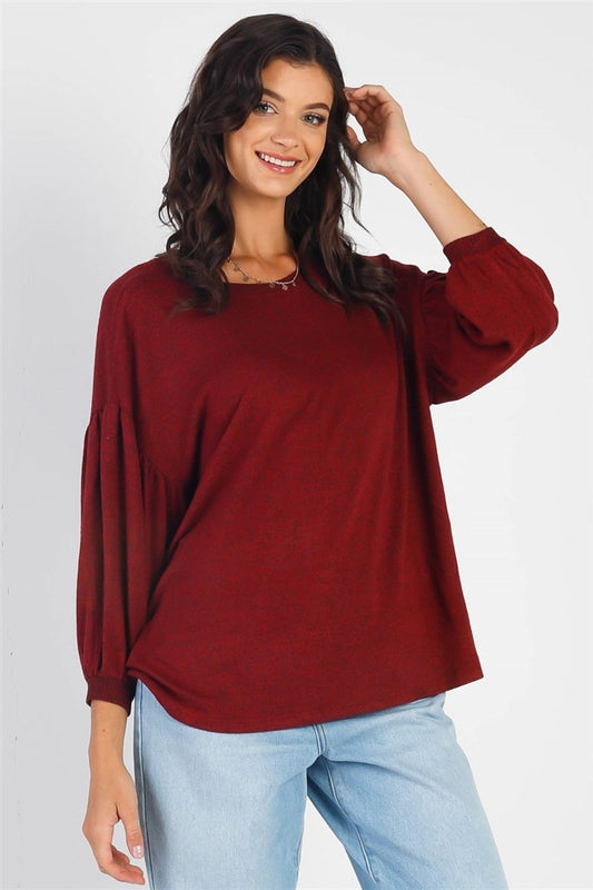 Cherish Apparel Drop Shoulder Puff Sleeve Top - Burgundy / S - TOPS - Mixed