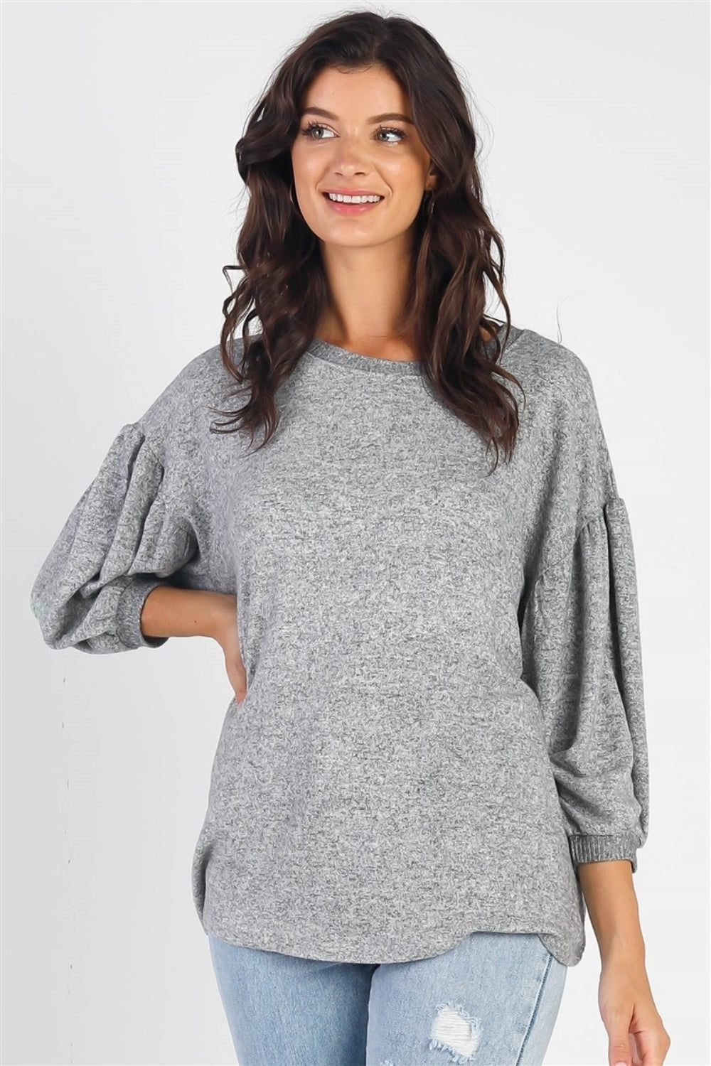 Cherish Apparel Drop Shoulder Puff Sleeve Top - Heather Grey / S - TOPS - Mixed