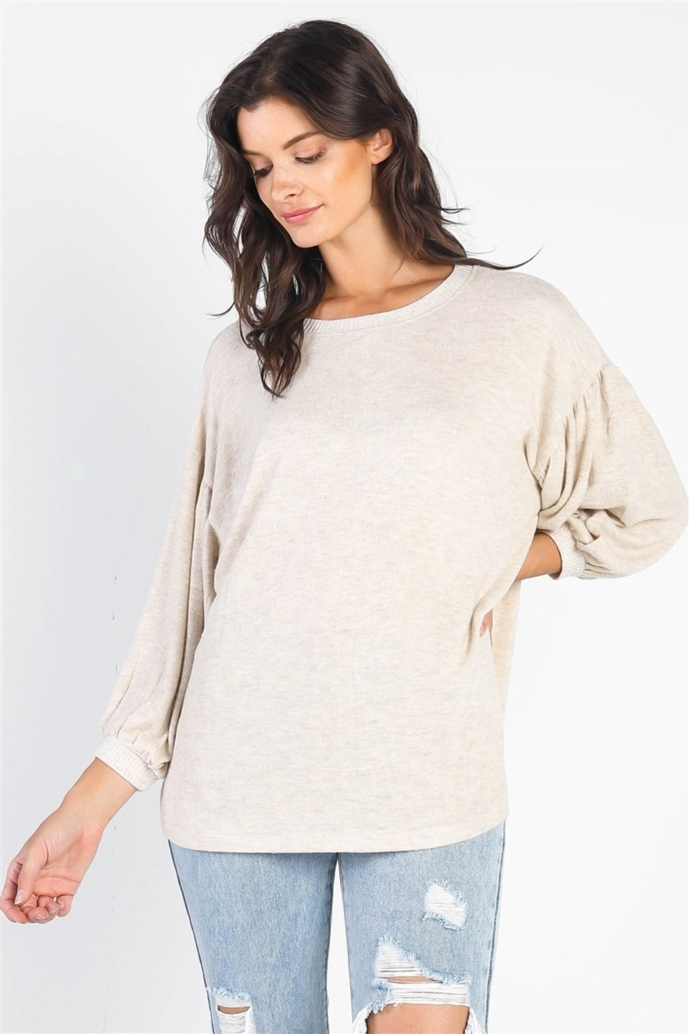 Cherish Apparel Drop Shoulder Puff Sleeve Top - Oatmeal Ivory / S - TOPS - Mixed