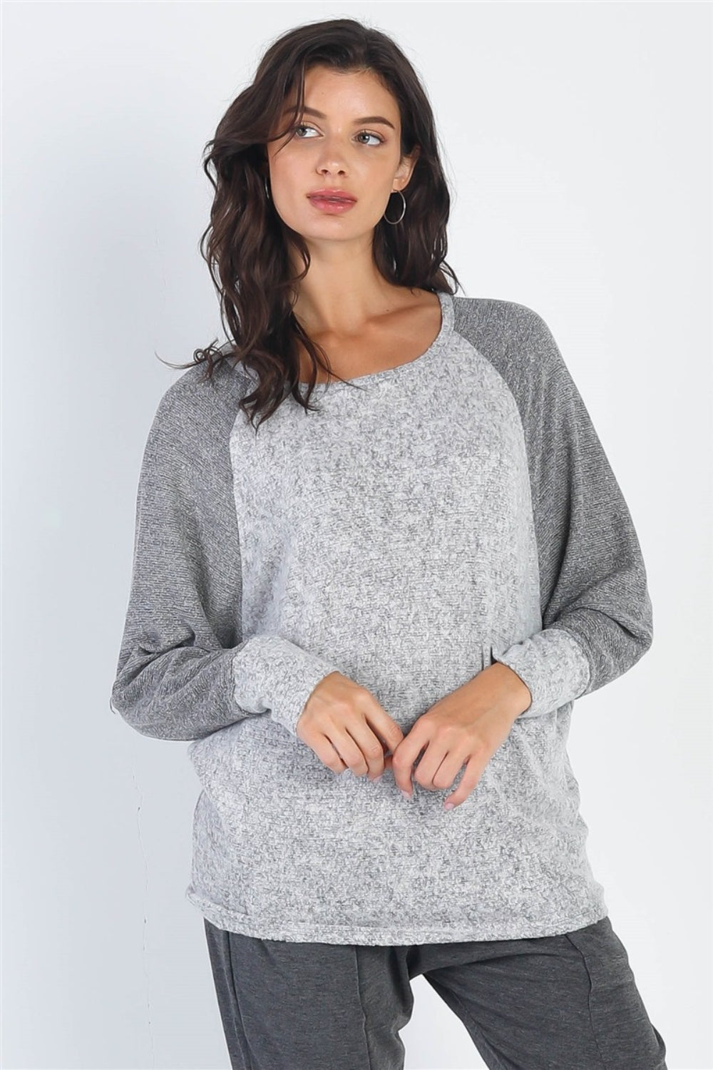 Cherish Apparel Round Neck Long Sleeve Contrast Top - Heather Grey / S - TOPS - Mixed