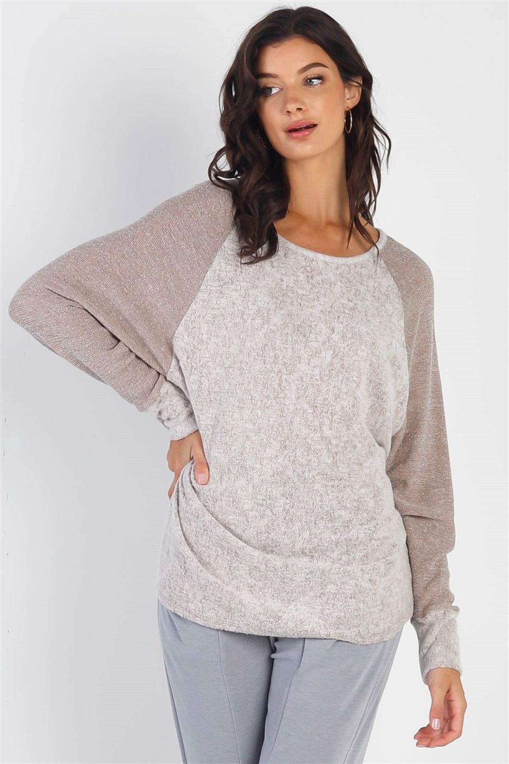 Cherish Apparel Round Neck Long Sleeve Contrast Top - Taupe / S - TOPS - Mixed