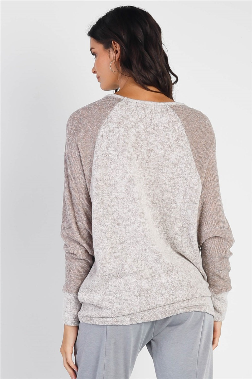 Cherish Apparel Round Neck Long Sleeve Contrast Top - TOPS - Mixed