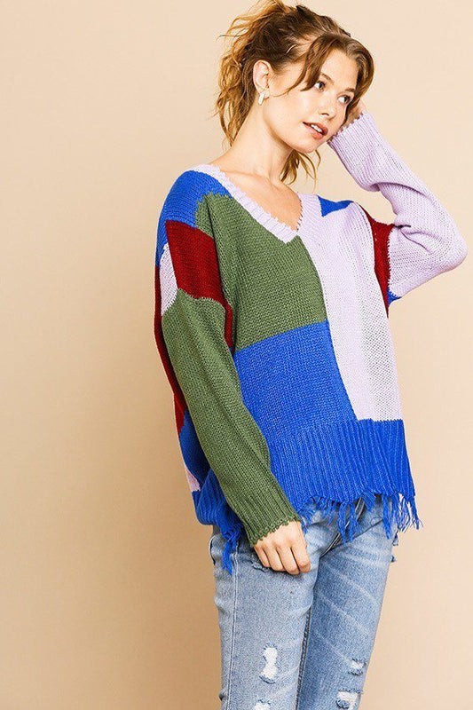 Color Blocked Long Sleeve V-neck Knit Pullover Sweater Smile Sparker