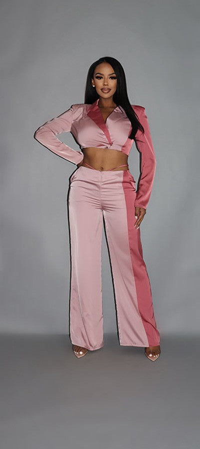 Colorblock Crop Blazer With Matching Low Rise Wide Leg Pant Set With Pockets Smile Sparker