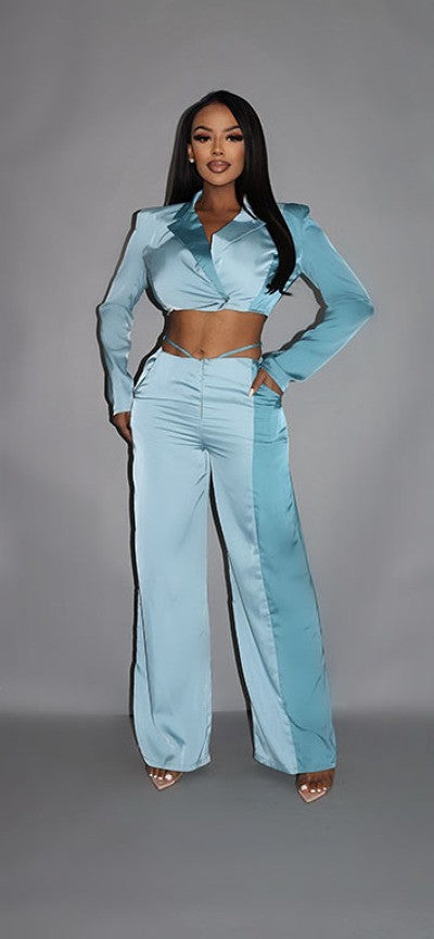 Colorblock Crop Blazer With Matching Low Rise Wide Leg Pant Set With Pockets Smile Sparker