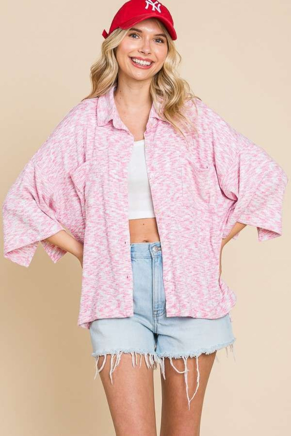 Culture Code Button Up Drop Shoulder Slit Shirt - FLAMINGO PINK / S - SHIRTS & BLOUSES - Pink