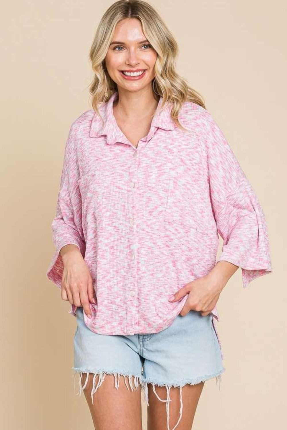 Culture Code Button Up Drop Shoulder Slit Shirt - SHIRTS & BLOUSES - Pink