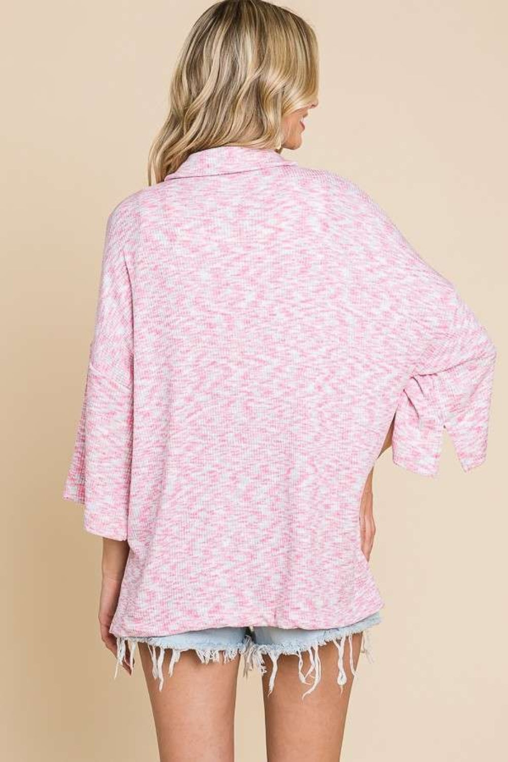 Culture Code Button Up Drop Shoulder Slit Shirt - SHIRTS & BLOUSES - Pink