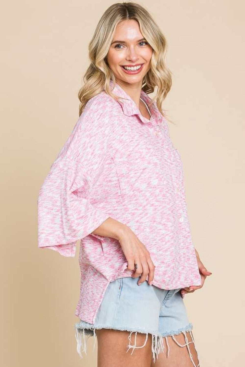 Culture Code Button Up Drop Shoulder Slit Shirt - SHIRTS & BLOUSES - Pink