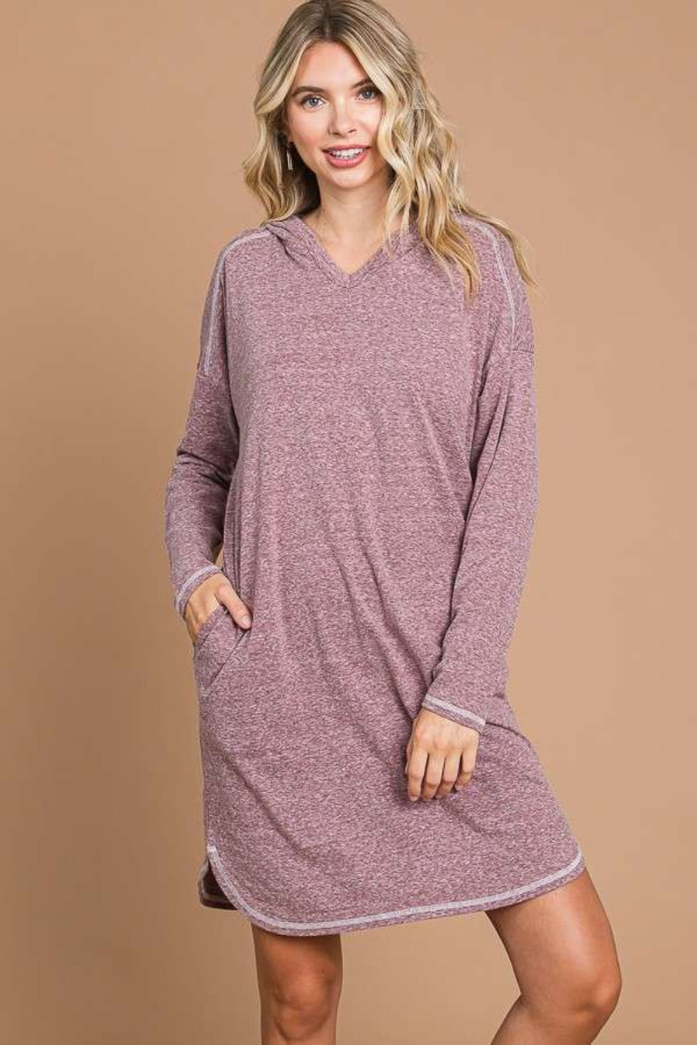 Culture Code Full Size Hooded Long Sleeve Sweater Dress - DRESSES - Brown