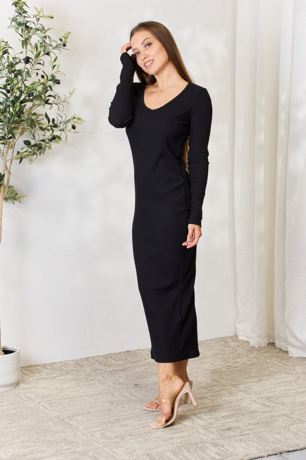 Culture Code Full Size Ribbed Long Sleeve Midi Slit Dress - PLUS DRESSES - Black