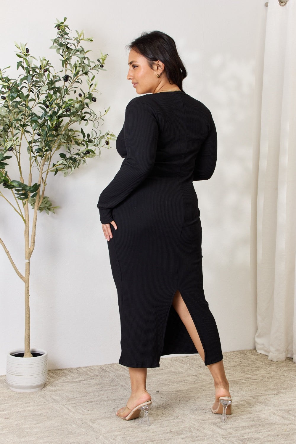 Culture Code Full Size Ribbed Long Sleeve Midi Slit Dress - PLUS DRESSES - Black