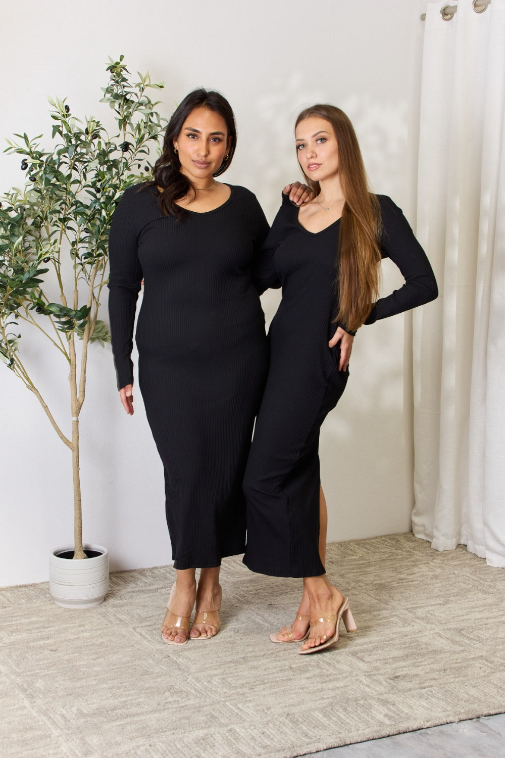 Culture Code Full Size Ribbed Long Sleeve Midi Slit Dress - PLUS DRESSES - Black